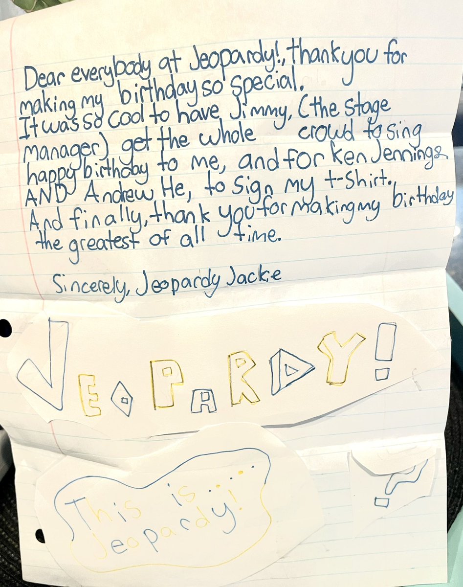 JimmyClueCrew's tweet photo. Thank you Jeopardy! Jackie from Philadelphia, for your sweet letter! So glad you enjoyed your Birthday @Jeopardy I shared your letter with @KenJennings and he loved it too!! https://t.co/BjvvfgJCLS
