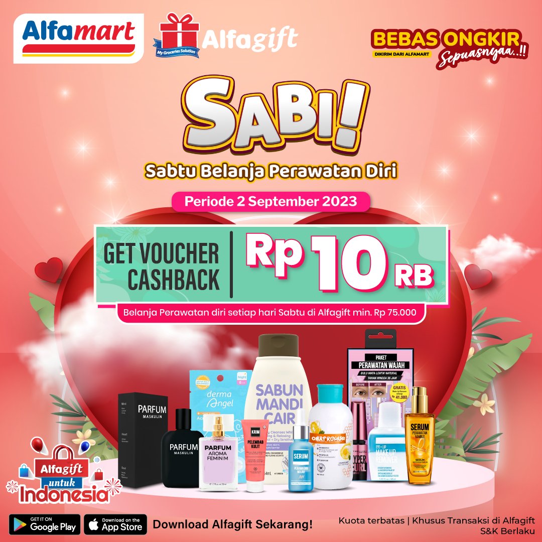 alfamart's tweet photo. Merawat diri itu gak harus mahal-mahal 😊😊
Setiap hari Sabtu ada #PromoSABIAlfagift setiap belanja Perawatan Diri di Alfagift Min. Rp75.000
*Khusus transaksi di #Alfagift
Periode : 03 September 2023
#SABI #SABIAlfagift #PerawatanDiri #PromoAllfagift #PromoMember https://t.co/Kxz5eaGxJQ