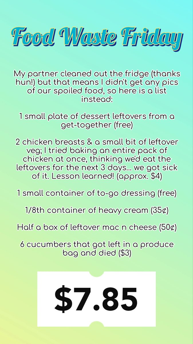 #FoodWasteFriday strikes again 🥦

This week was a lot of leftovers & poor withered cucumber; I thought the produce bag sitting on the floor was empty… whoops.

Meal prep sounds nice, but it never works for us 😅 I'll stick to cooking more frequently, I think.

How'd you do?