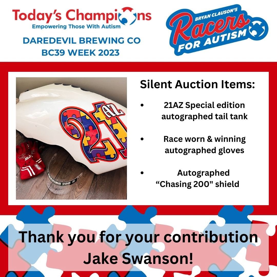 BCโs Racers For Autism (@racersforautism) on Twitter photo To kick things off, check out this awesome autographed tail tank half from Jake Swanson. Swanson ran a special scheme during <a href="/USACNation/">USAC Racing</a> Indiana Sprint Week raising awareness for autism. You can bid on this item and more Sept. 26th!
๐๏ธ: autism.wedoauctions.com To kick things off, check out this awesome autographed tail tank half from Jake Swanson. Swanson ran a special scheme during <a href="/USACNation/">USAC Racing</a> Indiana Sprint Week raising awareness for autism. You can bid on this item and more Sept. 26th!
๐๏ธ: autism.wedoauctions.com