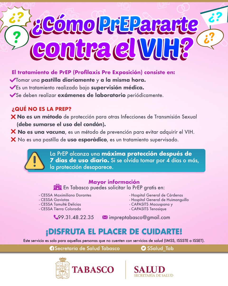 SSalud_Tab's tweet photo. La #PrEP -Profilaxis Pre Exposición- es una estrategia para prevenir #VIHM; desde 2022 está disponible en Tabasco. Recuerda: ✓ #HazteLaPrueba y ✓ #UsaCondón.
Acude a tú Centro de Salud o Unidad Médica más cercana y pide más información. https://t.co/bSDOD8KnrX