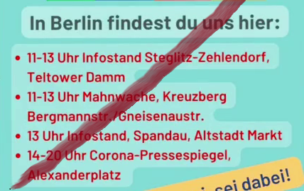 #b0209 #FCKdieBasis #fckQuerdenken
Bundesweiter Aktionstag der 'dieBasis' 
Infostände #TeltowerDamm / #Spandau Altstadt Markt 
- 11-13  'Mahnwache' #Bergmannstraße #Kreuzberg
- 14-20 #GalerieDesGrauens #AlexanderPlatz