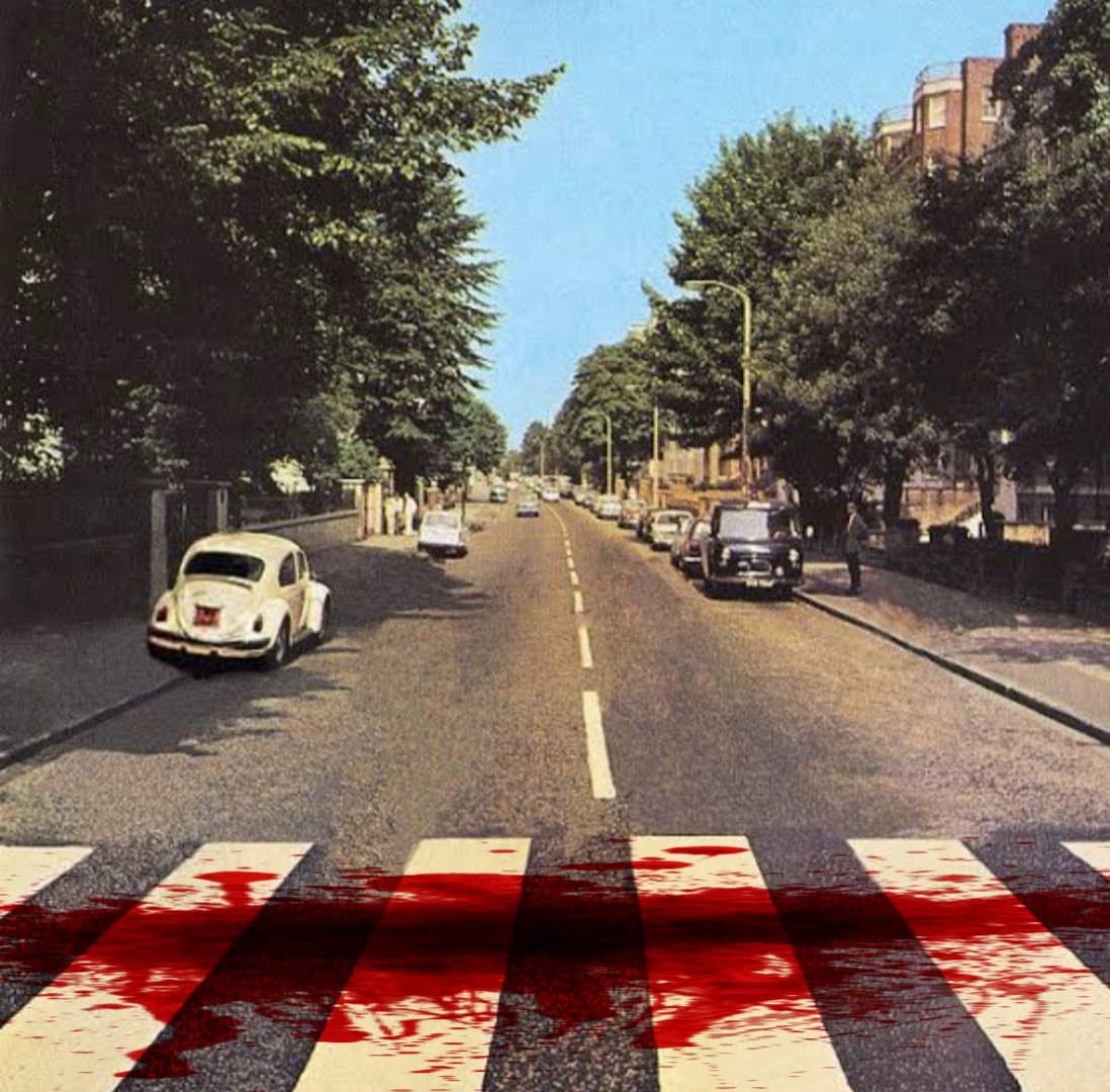 just made this mockup in picsart but is there an image like this out there of blood smeared on an empty abbey road like the beatles all got run over or am i just remembering something that never existed