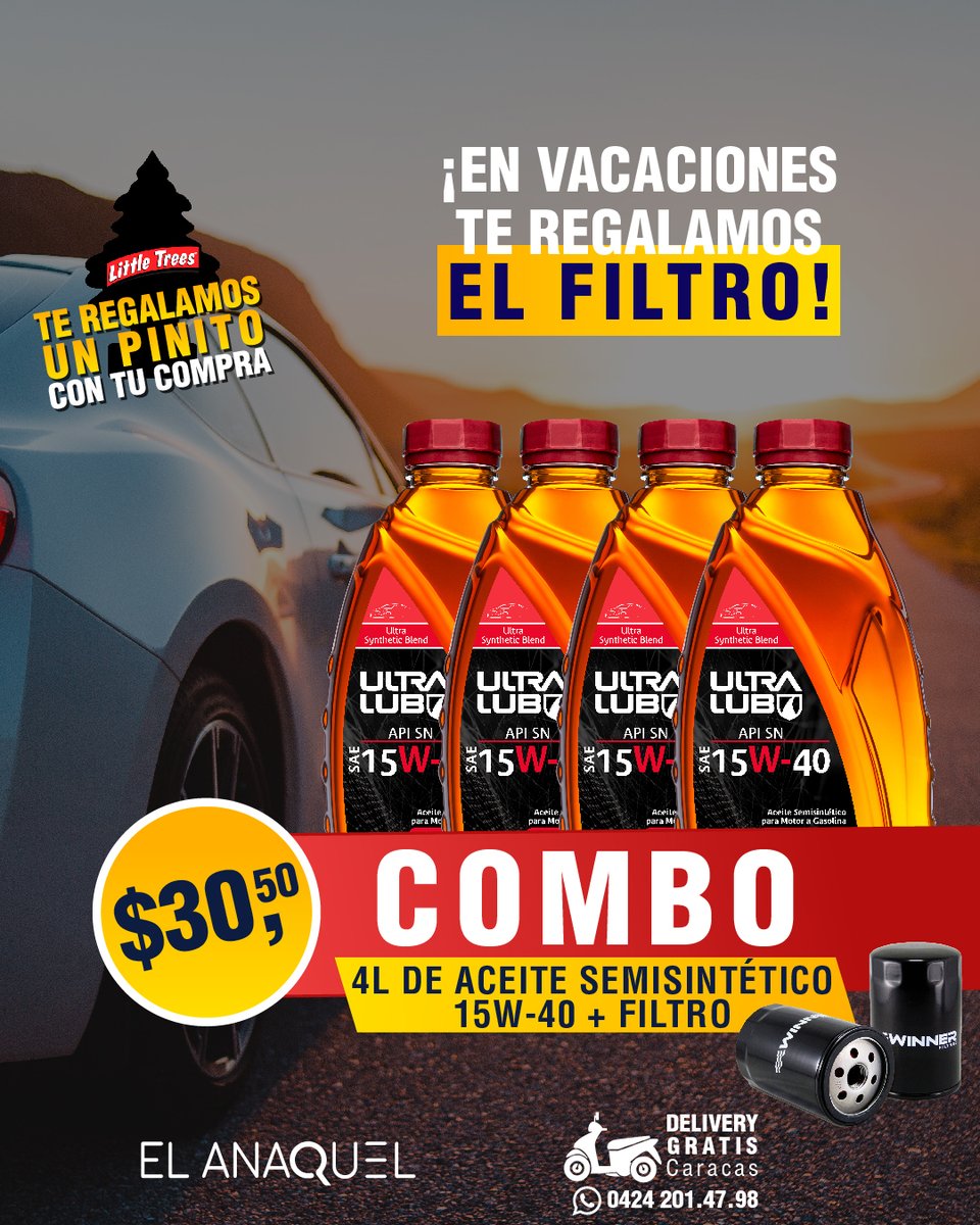Elanaquelcom's tweet photo. Disfruta de nuestras promociones en aceite
4 Litros de 15W40 SEMISINTÉTICO #ULTRALUB +Filtro $30,50 

Contamos con Delivery Gratis en la Gran #Caracas https://t.co/rnoEozvzTO