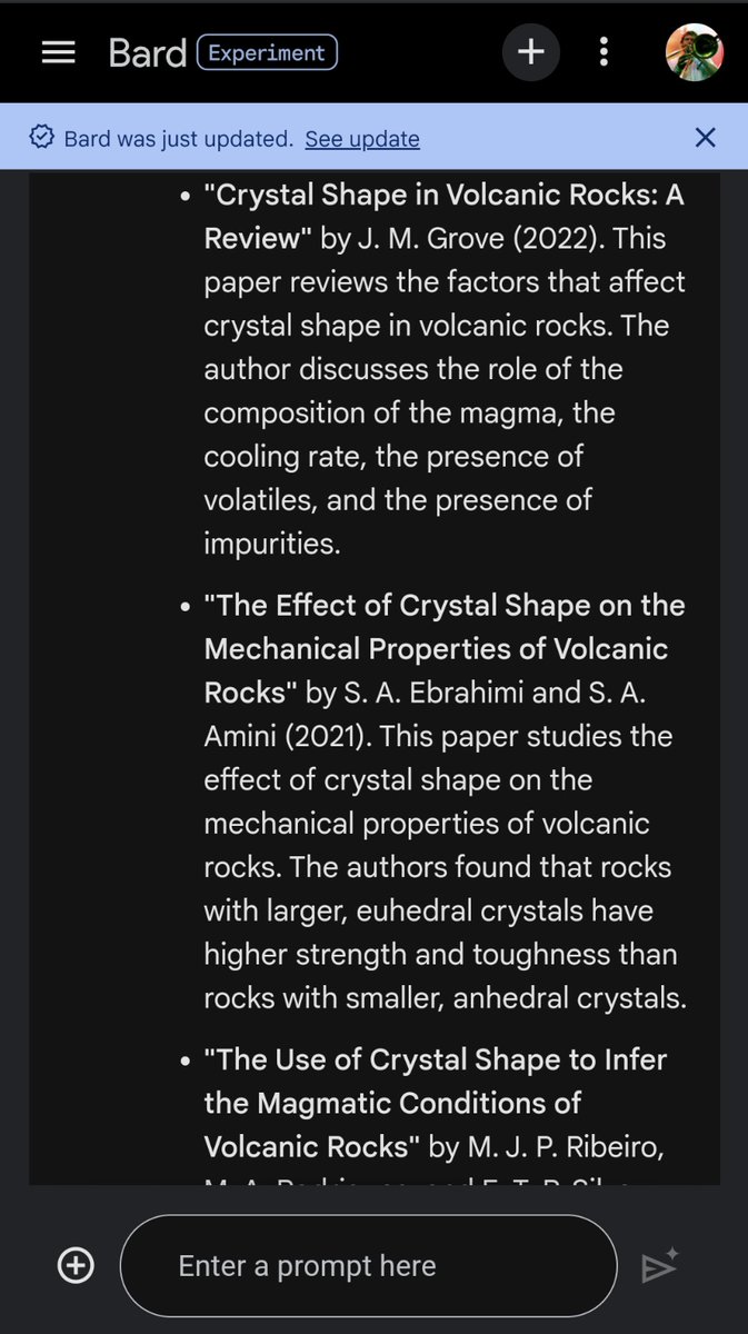 I asked #Bard about recent publications on crystal shape in volcanic rocks. This is the response it gave me. None of these papers actually exist, &amp; neither do the authors. I think Bard just made it up! Maybe not quite the robot apocalypse, but still a little worrying <a href="/GoogleAI/">Google AI</a> ?