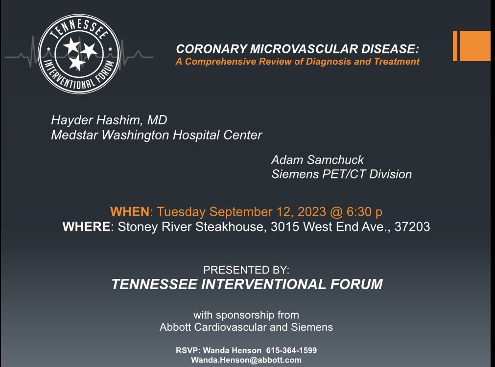 Elias Haddad (@evhaddad) on Twitter photo TIF continues its promotion of collaboration on September 12 with an evening discussing Coronary Microvascular Disease with Hayder Hashim (Medstar) and Adam Samchuck (Siemens). 
Join us at 6:30, Tuesday September 12, Stoney River, Nashville ! TIF continues its promotion of collaboration on September 12 with an evening discussing Coronary Microvascular Disease with Hayder Hashim (Medstar) and Adam Samchuck (Siemens). 
Join us at 6:30, Tuesday September 12, Stoney River, Nashville !