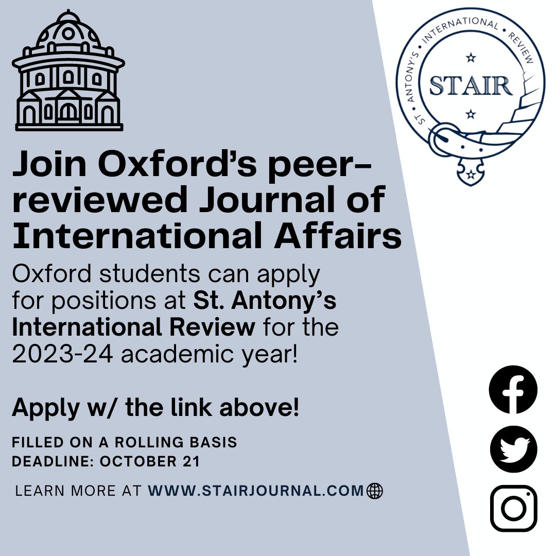 STAIR is hiring for the 2023-24 academic year! Use this link to apply: forms.gle/tos49cJc8xS668…

Learn more about STAIR and sign up for our mailing list on our website: stairjournal.com

Positions will be filled on a rolling basis. 
Final deadline to apply: October 21