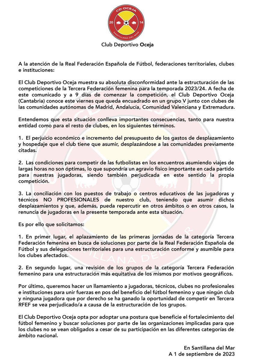 Solo espero y deseo que el fútbol en general y el femenino en particular, nos apoyen y se movilicen ante esta aberración jamás vista en el fútbol español. Recordamos que la 3ª Rfef femenina es una categoría amateur, no profesional, donde jugadoras y técnicos, trabajan y estudian.