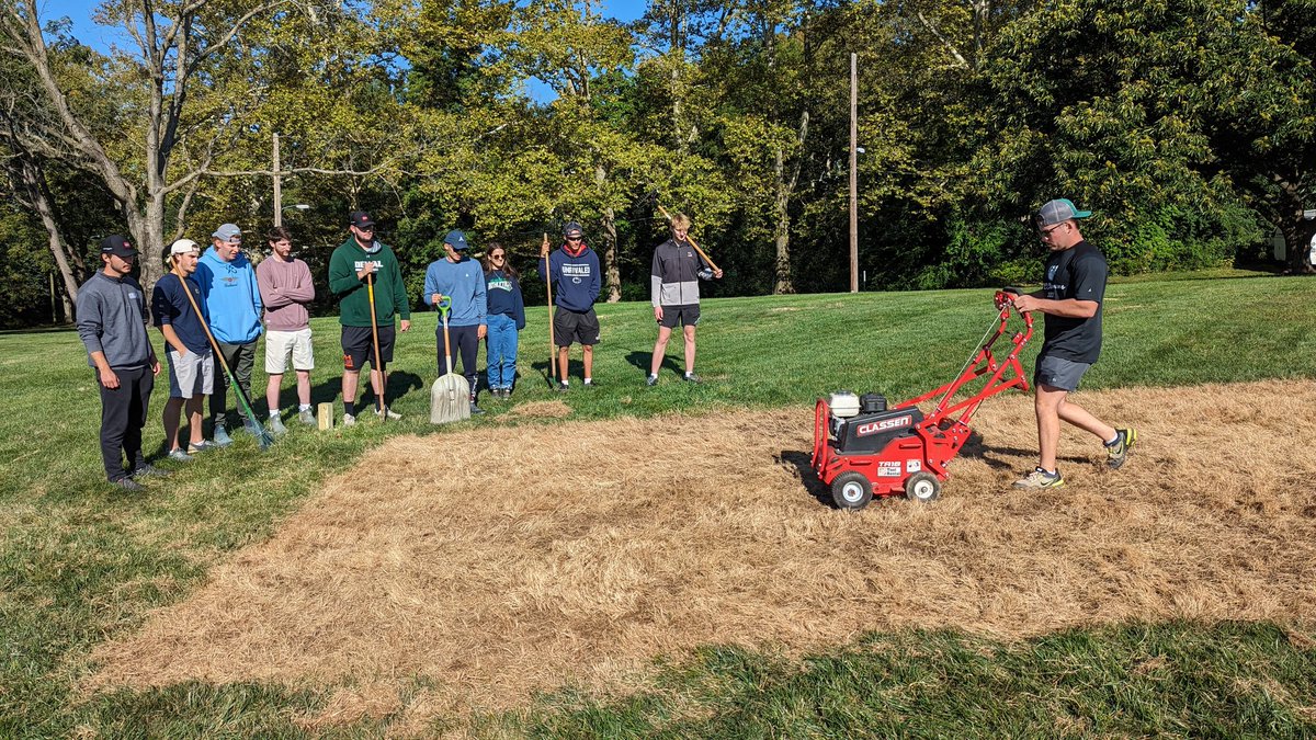 DelValTurf's tweet photo. Trouble with the power seeder led to some hand raking today by the Intro to Turf class @DelVal. #screenfreefriday https://t.co/rfFZnoIj6j