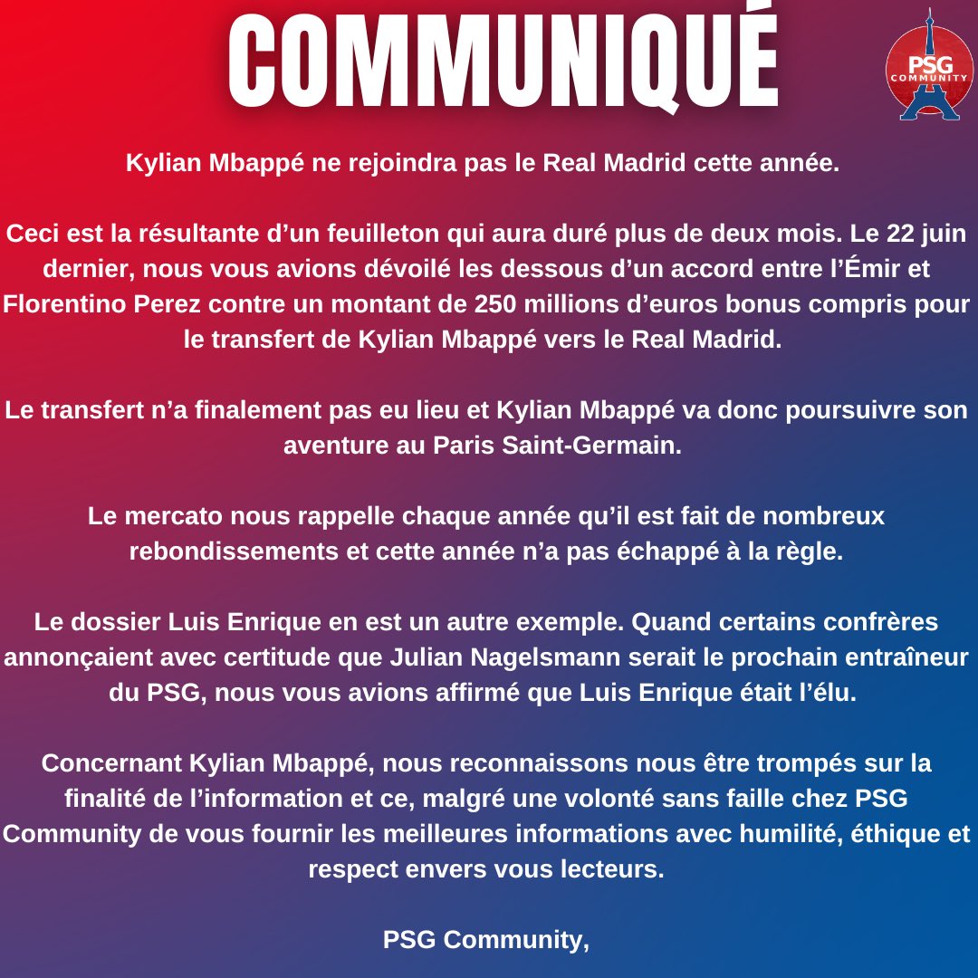 ComunityRM's tweet image. Comunicado de.@psgcommunity_ , diciendo que Mbappé no viene. Nosotros confiamos en vosotros pero   nos sentimos defraudados ante esta situación del culebrón Mbappé.