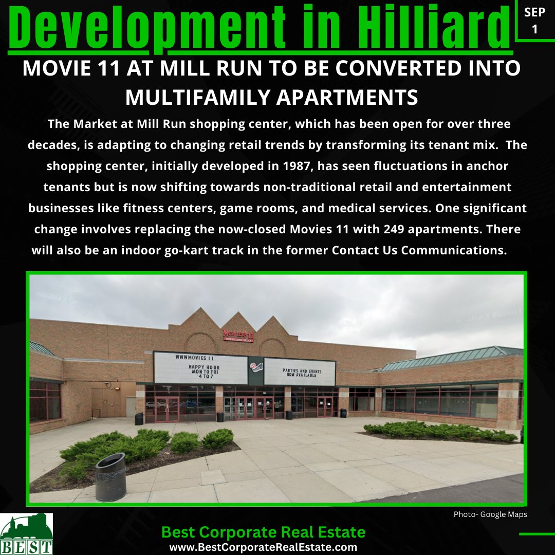 BestCorpRealtor's tweet photo. Plans for a new apartment complex to replace the Movies 11 Building in Mill Run have been released.
Read More- https://t.co/8kjzy1c1nJ
#Development #movie11 #hilliard #millrun #realestate #hilliardpeopleintheknow #columbusrealestate https://t.co/lQInYGZruM