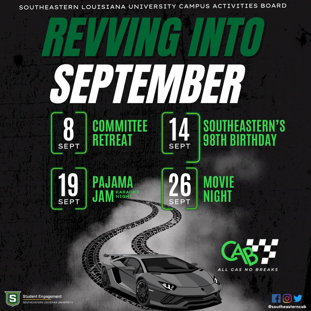 September is here and CAB is on a roll!!🏎️ We have 4 exciting events on the way that you don’t want to miss! 😆Mark your calendars &amp; be on the lookout for more details! 🚨 #slucab #Allgasnobrakes