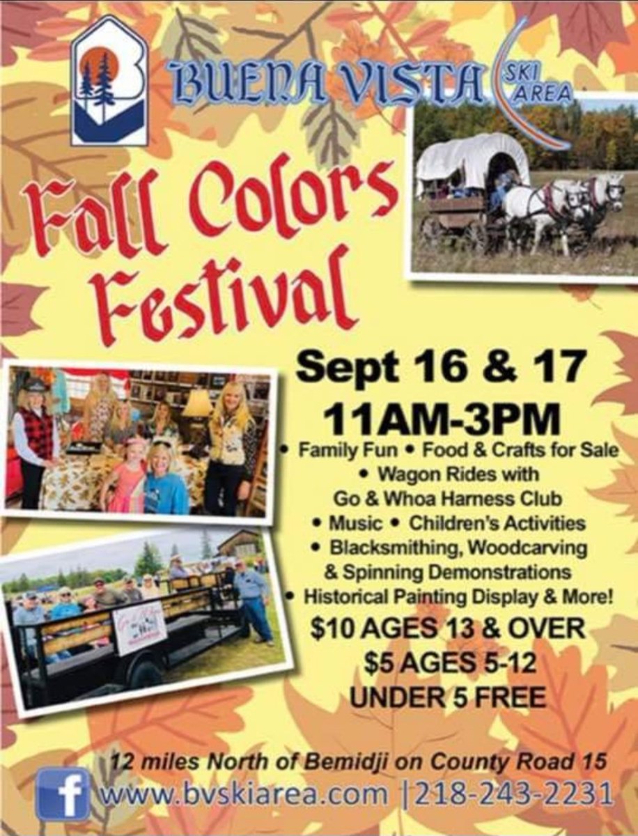 bvskiarea's tweet photo. Mark your calendars for the annual Buena Vista Fall Colors Festival!! Take a step back in time, and enjoy some fun for the whole family!! โ๏ธ๐ด ๐ ๐ ๐ชต๐ป #fallfestival #bemidjimn #wagonrides #livemusic #blacksmithing #yummyfood #crafts #familyfun https://t.co/pYX4JklgBh