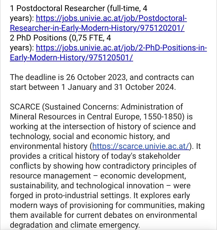anne_goldgar's tweet photo. 1 POSTDOC &amp; 2 PhD places in Vienna ERC project
SCARCE (Sustained Concerns: Administration of Mineral Resources in Central Europe, 1550-1850) re history of science and technology, social and economic history, and environmental history (https://t.co/9CCj2pxTv8). https://t.co/yfawkMnNp0