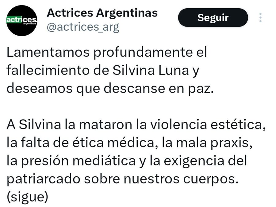 victorfyt's tweet photo. Silvina Luna no murió porque la asesinó un médico charlatán hijo de puta en forma perversa y alevosa.
Según @actrices_arg, a Silvina la mató el patriarcado y la presión mediática, o sea los hombres y el periodismo en general.
Eso sí, tienen el orto bien cerradito sobre el pedófilo kirchnerista prófugo Guazzora.