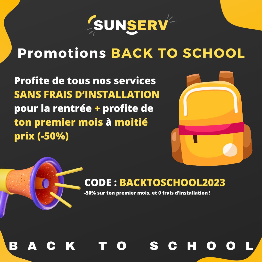 sunservxyz's tweet photo. 🎒 BACK TO SCHOOL 

😍Profite de ton serveur sur SunServ sans frais d'installation, avantage accompagné de -50% sur ton premier mois avec le code BACKTOSCHOOL2023 !

🚀Offre valable jusqu'au 10/10/2023.

❓Une question ? DM nous ! https://t.co/lngNPjBZQ9