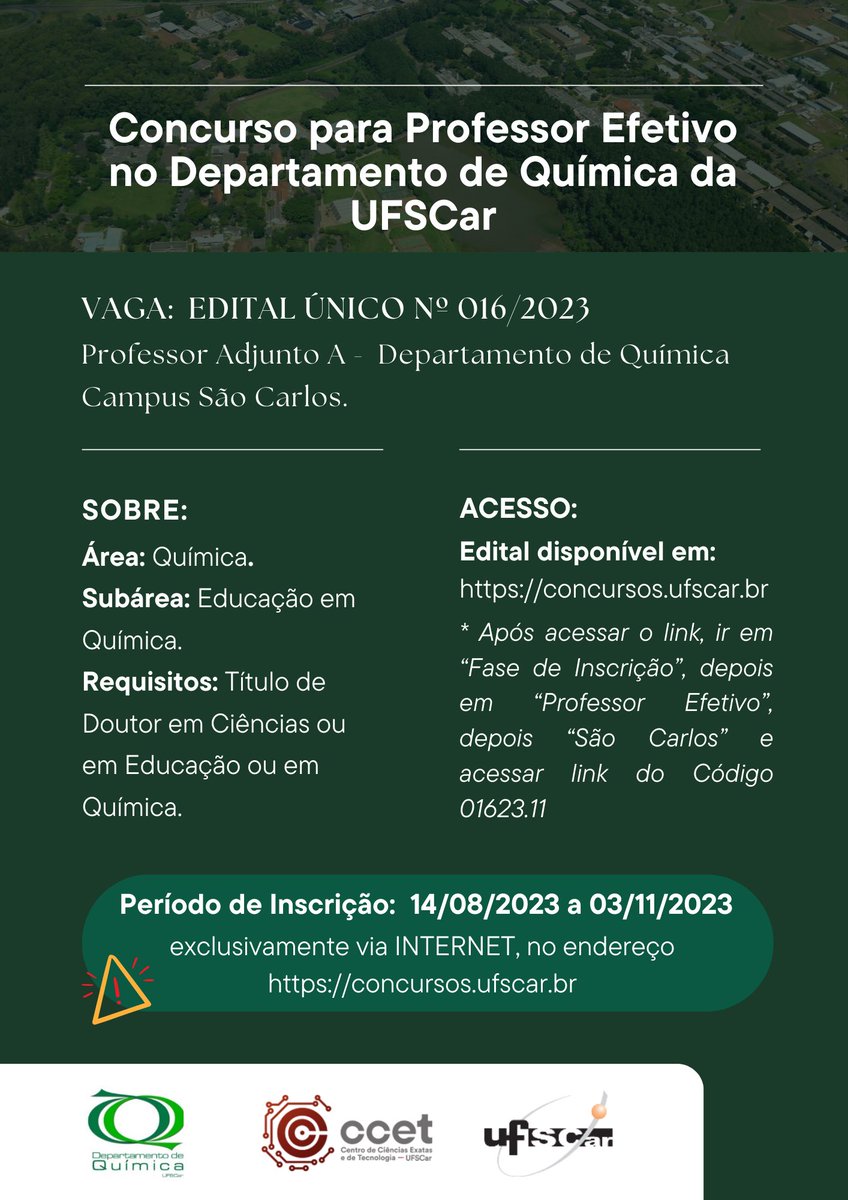 jpsbq's tweet photo. Vaga em concurso público DQ/UFSCar/São Carlos https://t.co/d0Ulplm40J