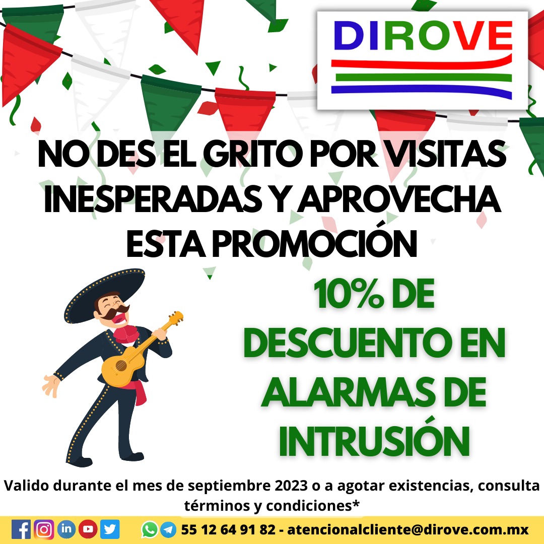 DiroveMexico's tweet photo. ¡Aprovecha nuestra promoción del mes!
10% de descuento en los sistemas de alarma de intrusión.
Solicita tu cotización al 📞55 1264 9182
Consulta términos y condiciones.
Válido el mes de septiembre2023
#PromocionDelMes #PromocionSeptiembre2023 #SmartHomeSecurity #Inversion #dirove https://t.co/73iPHJa2kQ