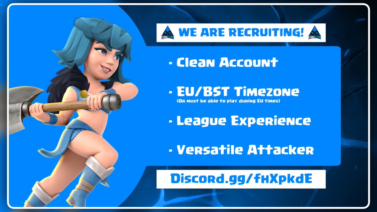 🔥We are looking for 2 more players for the CoC World Championship tournament!

REQUIREMENTS:
🔹Clean Account
🔹EU/BST Timezone (Or must be able to play during EU times)
🔹League Experience
🔹Versatile Attacker

🌀DM us or join the Discord server: Discord.gg/fhXpkdE