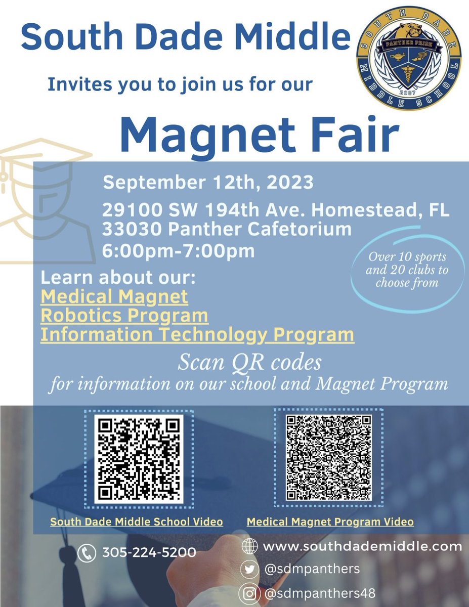 sdmpanthers's tweet photo. Join us on Tuesday, September 12th at 6 PM for our Magnet Fair! Check out our Medical Magnet and other amazing programs at SDM. #YourBestChoiceMDCPS @MDCPS @MDCPSSouth @SuptDotres https://t.co/jFjOTGeq22