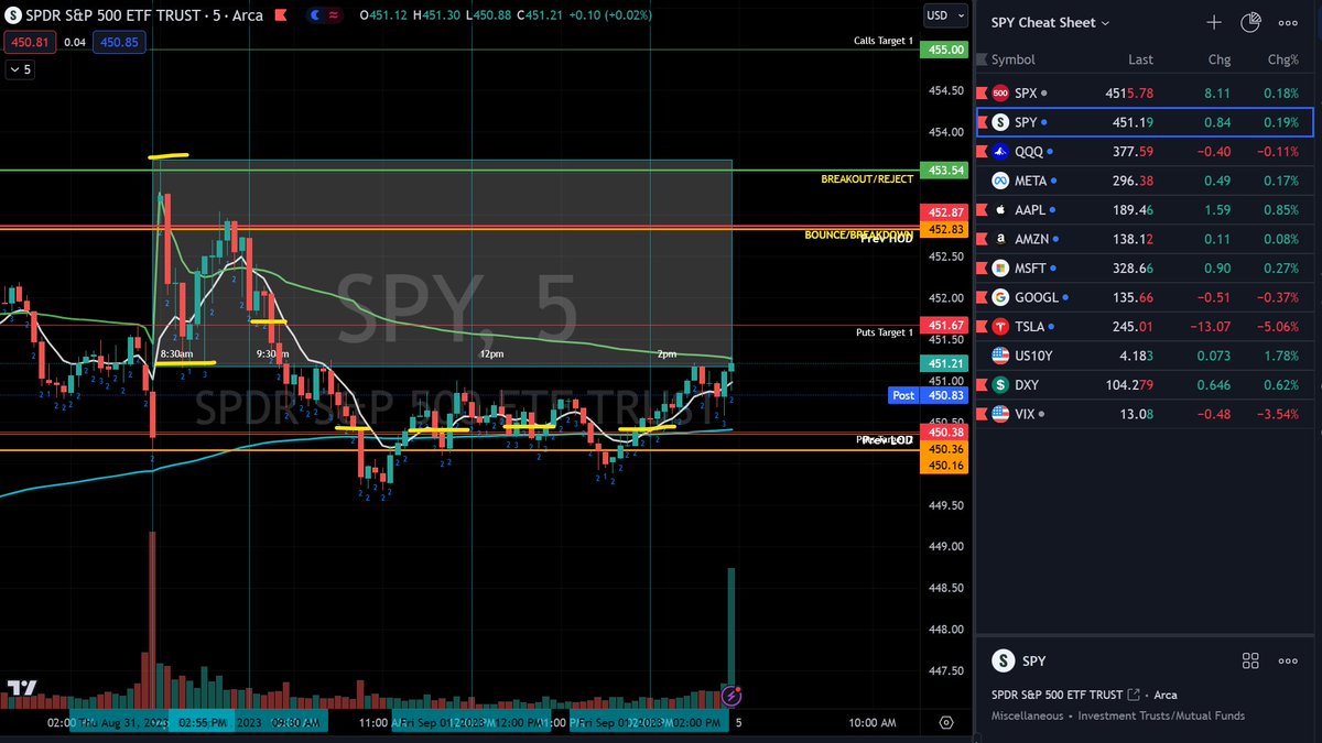SPY Daily One Pager Performance Friday 9/1/23: Started out with a gap up but got filled to the downside very quickly. After the first hour, we retested the Previous HOD and Breakdown Price and sold off down to Puts Target 2. We continued to chop at Target 2 and the Previous LOD