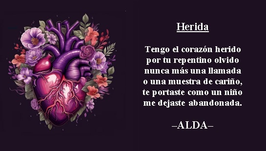 alda_pascuzzo's tweet photo. Herida
---
Tengo el corazón herido
por tu repentino olvido
nunca más una llamada
o una muestra de cariño,
te portaste como un niño
me dejaste abandonada.

–ALDA–
#ViernesDePoesía @yioryidelgado
#Sexteto #Paralelo #01septiembre #LaVidaEnVersos https://t.co/mix0lQ82xE