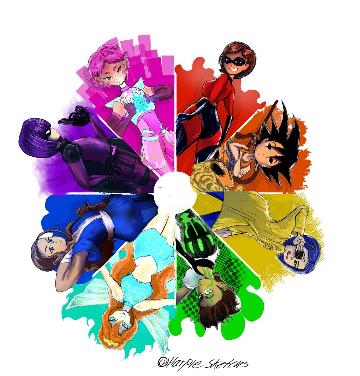 My color wheel is finally complete! 🎨 Recognize any faces? Some are upside down, but I've got versions right side up on my profile. Check it out! 👀👍 #ColorWheel #ArtChallengeComplete #2000scartoons #avatar #dragonball #ben10 #codelyoco #TheIncredibles