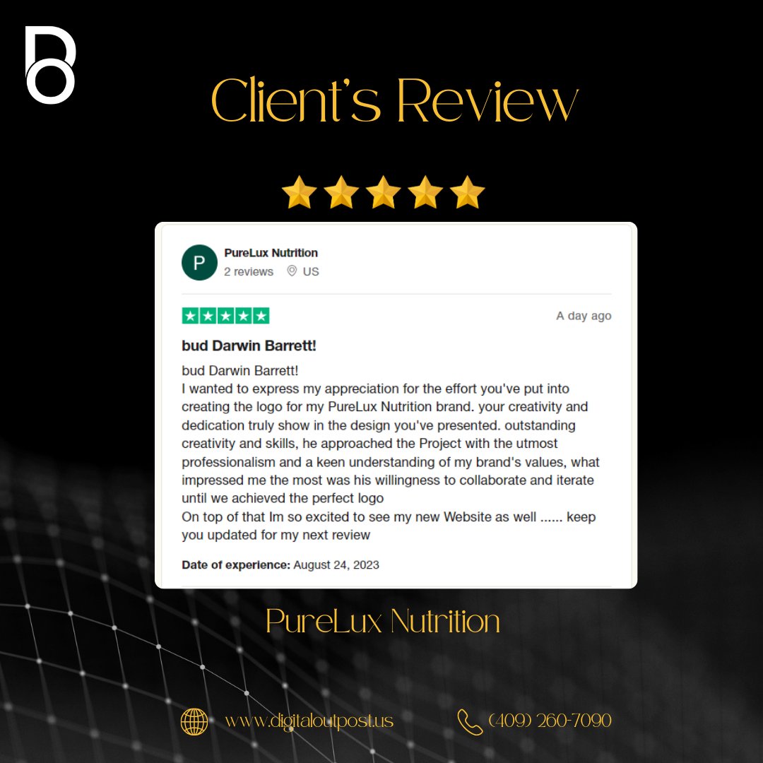 Digital0utpost's tweet image. Smiles on Clients,📷 &quot;Exciting news! We&apos;ve crafted an amazing logo for PureLux Nutrition with passion and purpose.  We look forward to working with you! 📷 #digitaloutpost #logodesign #SMM #digitalmarketing
Read what our clients have to say about us!&quot; 📷
trustpilot.com/review/digital…