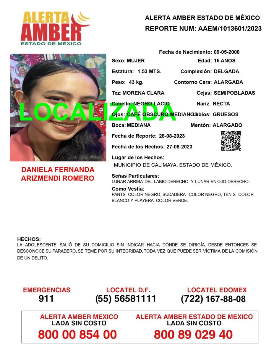 ⭕️ La #FiscalíaEdoméx informa la desactivación de la siguiente #AlertaAmberEdoméx.
Agradecemos a población en general y medios de comunicación, el apoyo brindado para su publicación.