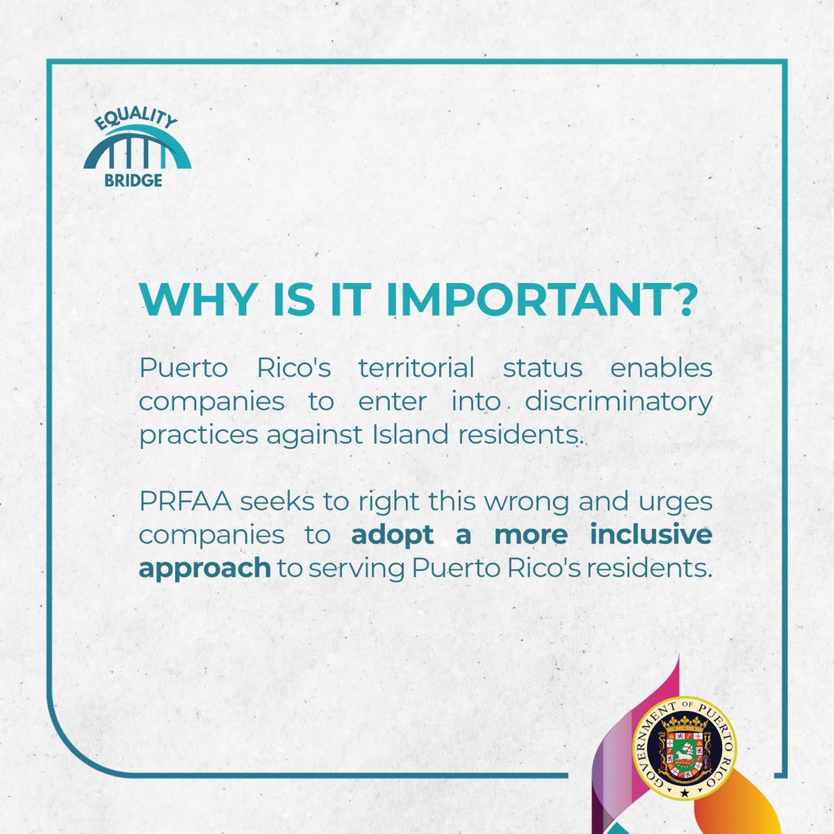 PRFAA's tweet photo. We’re launching our Equality Bridge initiative and want you to be part of it! Follow this post for more information ⬇️
#PRFAA #PuertoRico #BridgeToEquality https://t.co/O6hY90l0dX