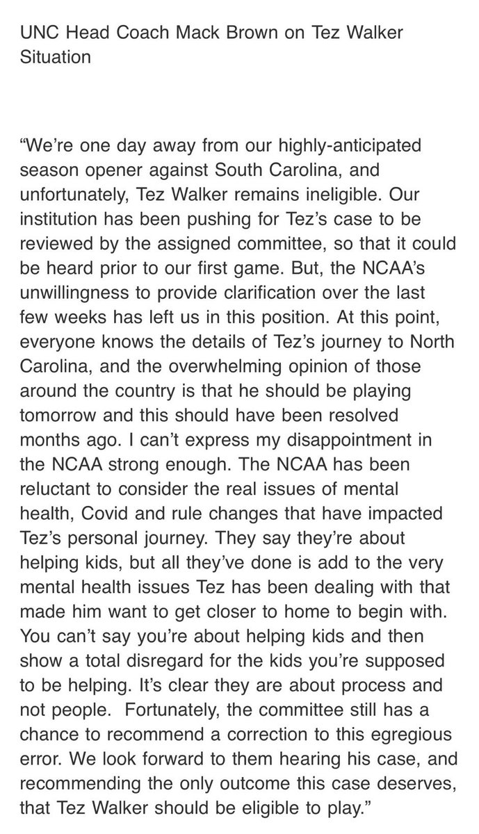 UNCFootball's tweet image. A statement from Coach Brown on the Tez Walker situation