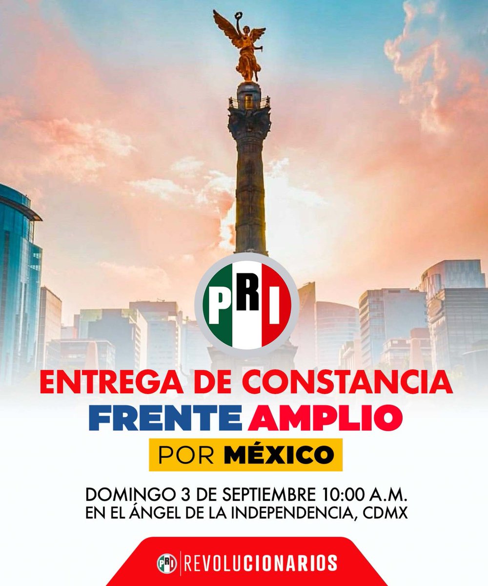 Te invitamos a que nos acompañes en la entrega de la constancia que acredita a <a href="/XochitlGalvez/">Xóchitl Gálvez Ruiz</a> como responsable de la construcción del #FrenteAmplioPorMéxico, la cual se llevará a cabo este domingo a las 10 a.m. en el Ángel de la Independencia.

¡Te esperamos!