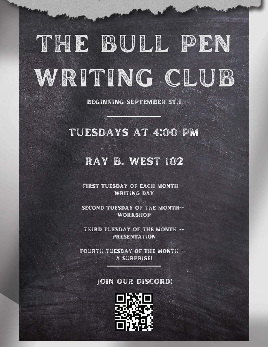 The Bull Pen Writing Club is having it's first meeting of the year THIS TUESDAY at 4pm! We can't wait to see you there. 
#USUEnglish #TheBullPen #WritingClub