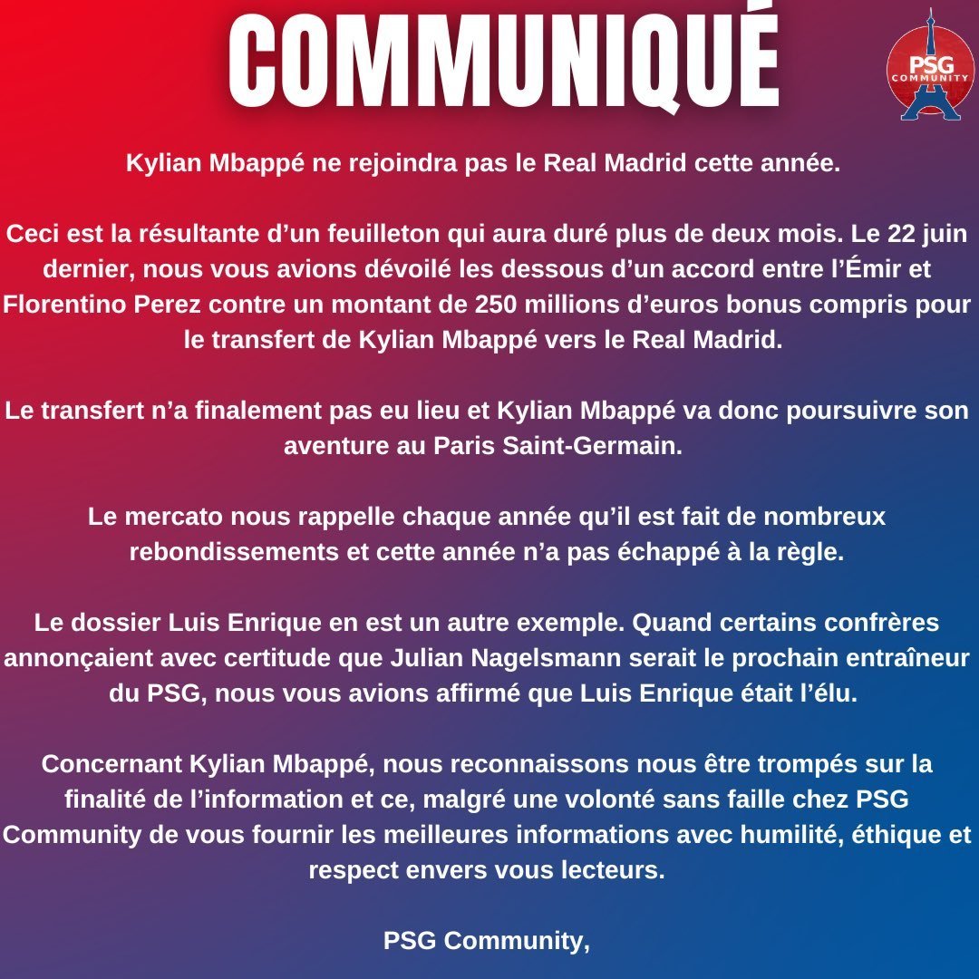 🔴 Le communiqué du compte PSG Community suite au fameux tweet évoquant un départ de Kylian Mbappé. ❤💙 📸 @psgcommunity_