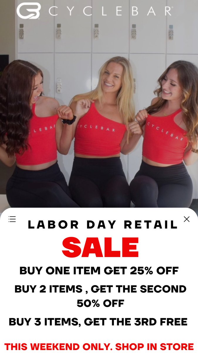 CyclebarV's tweet image. RETAIL SALE THIS WEEKEND ONLY!! Shop in studio today❤️❤️