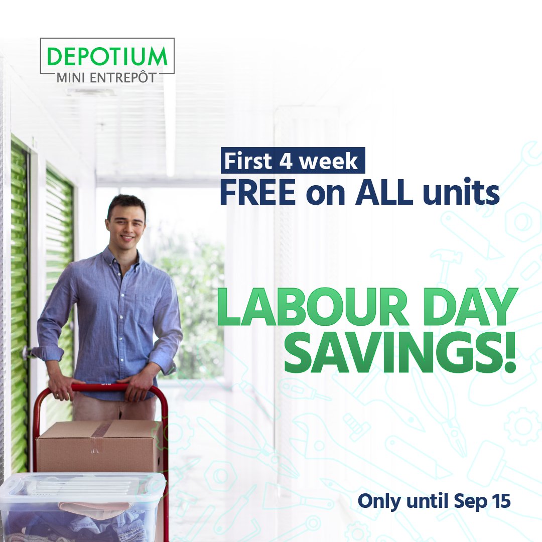 📦Profitez de vos 4 premières semaines GRATUITES sur toutes les unités ce jour de la fête du travail ! 📦

✅Visitez depotium.com/en/offers/ pour commencer ✅

#entreposagecanadien #canadien #célébronslété #déménagement #fête du travail