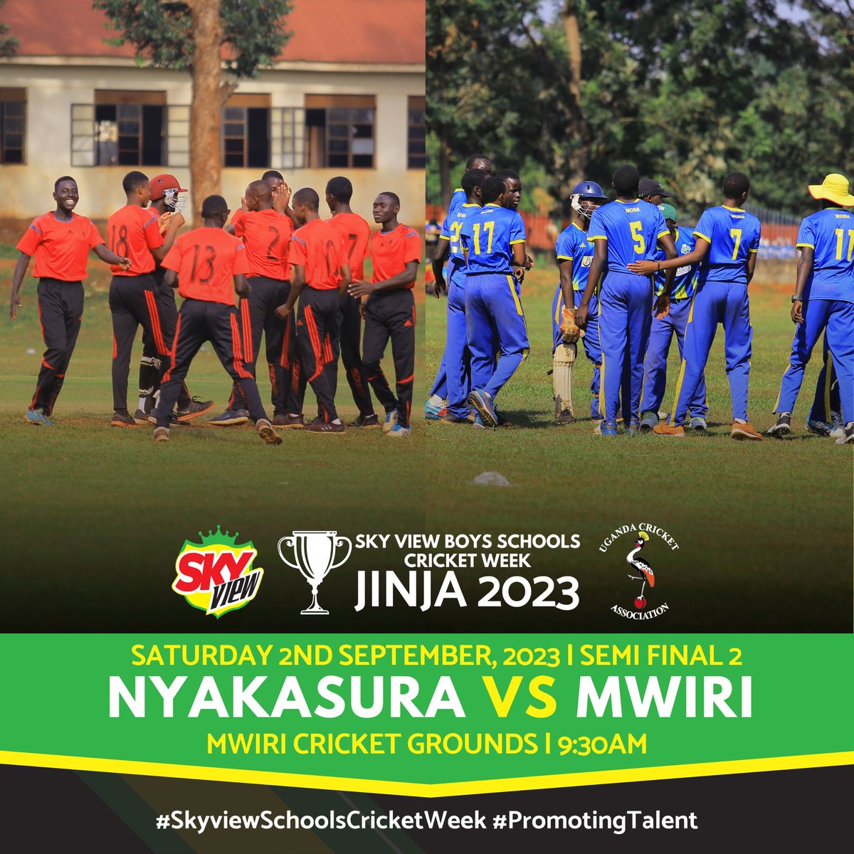 CricketUganda's tweet photo. The Sky View Boys Cricket Schools Week semi finals are upon us!
It is Fahad Mutagana vs Joseph Baguma and Pius Oloka vs Christopher Kidega. Let the games begin.
#SkyviewSchoolsCricketWeek
#Promotingtalent https://t.co/OmhXdcpvUm