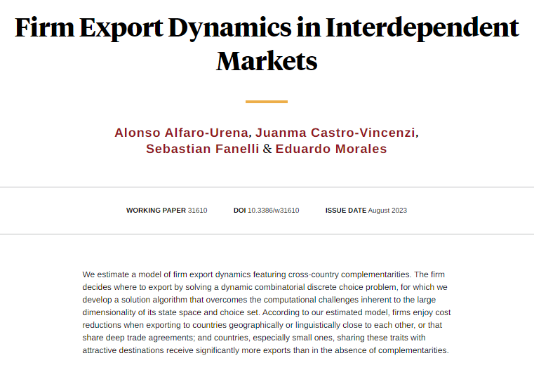nberpubs's tweet photo. Estimating a model of firm export dynamics featuring cross-country complementarities, from Alonso Alfaro-Urena, @castrovincenzi, Sebastian Fanelli, and Eduardo Morales https://t.co/gnfC3o8Ov8 https://t.co/ESiQLdZg1S