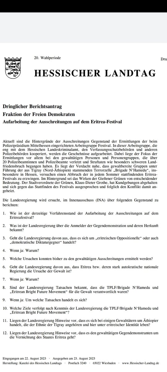 EllamellaMg's tweet photo. HESSISCHER LANDTAG
Dringlicher Berichtsantrag
Fraktion der Freien Demokraten @fdp_hlt
Aufarbeitung der Ausschreitungen auf dem #EritreaFestival23
In #Giessen . 
#Klaus #Dieter #Grothe #TPLf
@LKA_Hessen
@Polizei_MH @hessenschau @ZDFheute @ARDde @ABaerbock @AuswaertigesAmt @dpa https://t.co/wNsTSVyp9O