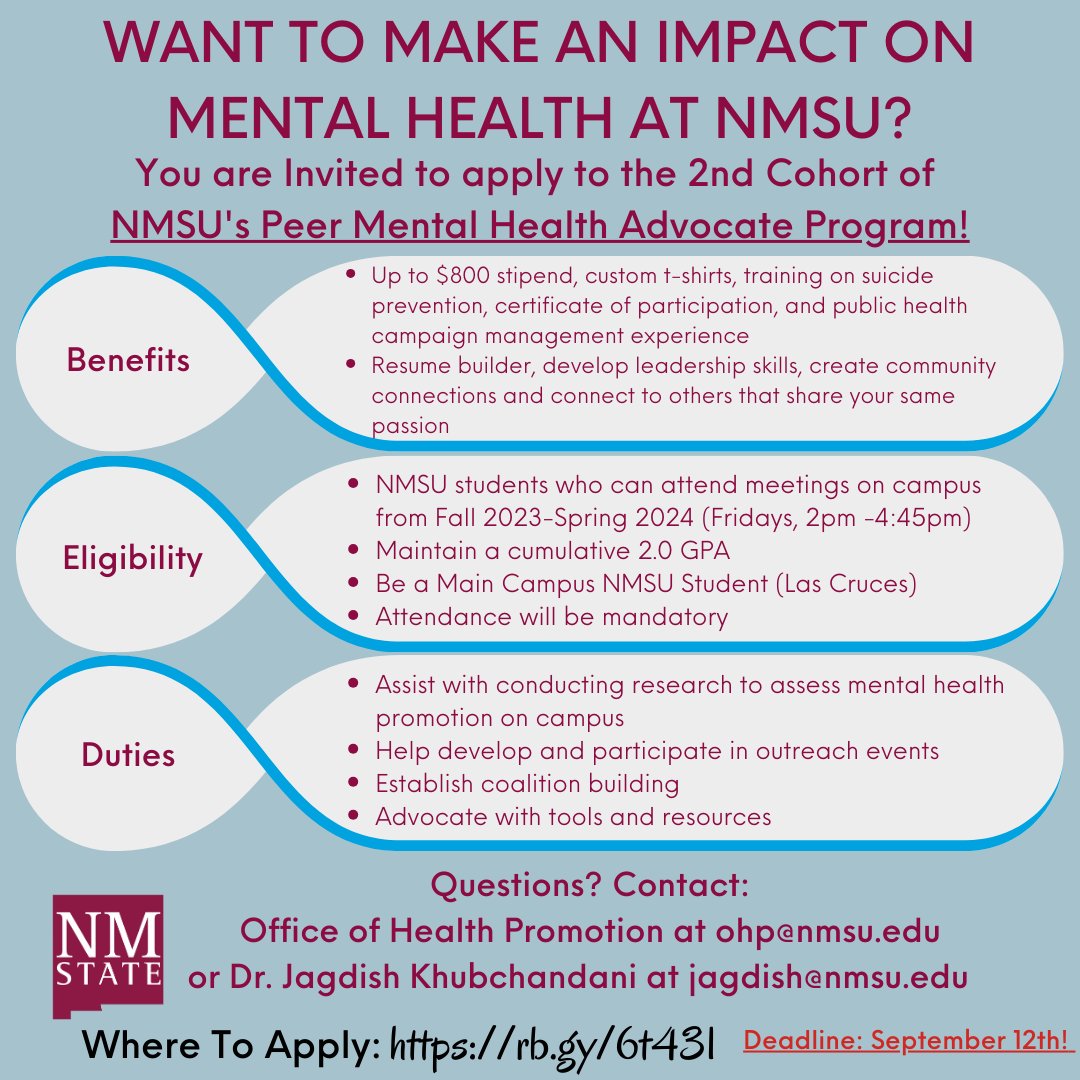 We are recruiting! Please share with <a href="/nmsu/">New Mexico State</a> students ⤵️
Paid training to become a mental health advocate!
