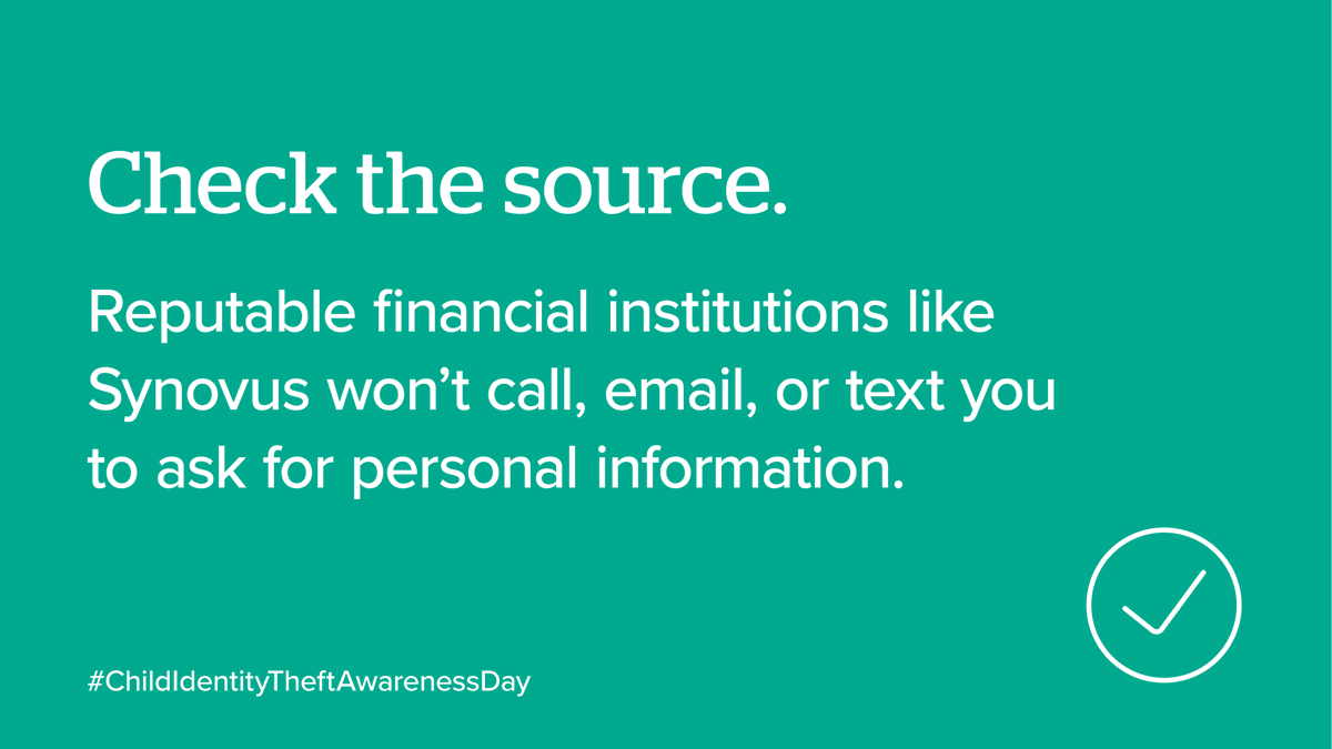 synovus's tweet image. Stay vigilant this #ChildIdentityTheftAwarenessDay. Discover how to recognize child #identitytheft and what you should do if your child’s information has been compromised: bit.ly/3L0QxWD

#IdentityTheftProtection #Synovus #getthere #fraud #security