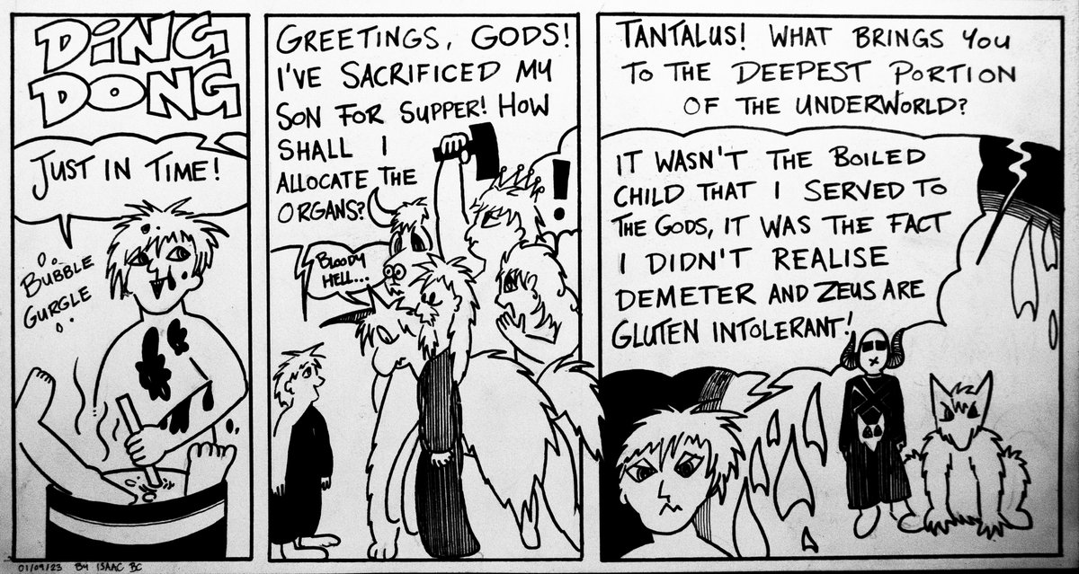 IsaacCochrane's tweet photo. This one's about the ancient Greek story of Tantalus, a king who decides to cook his son, Pelops and serve him to the gods, as you do. #comicartist https://t.co/lLmiOG5zUv
