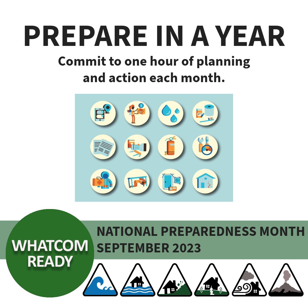WhatcomREADY's tweet image. As September is National Preparedness Month, we will be sharing preparedness tips all month here and at WhatcomReady.org 
Tip #1: Download your Prepare in a Year Guide from @waEMD.
Get yours here: mil.wa.gov/personal