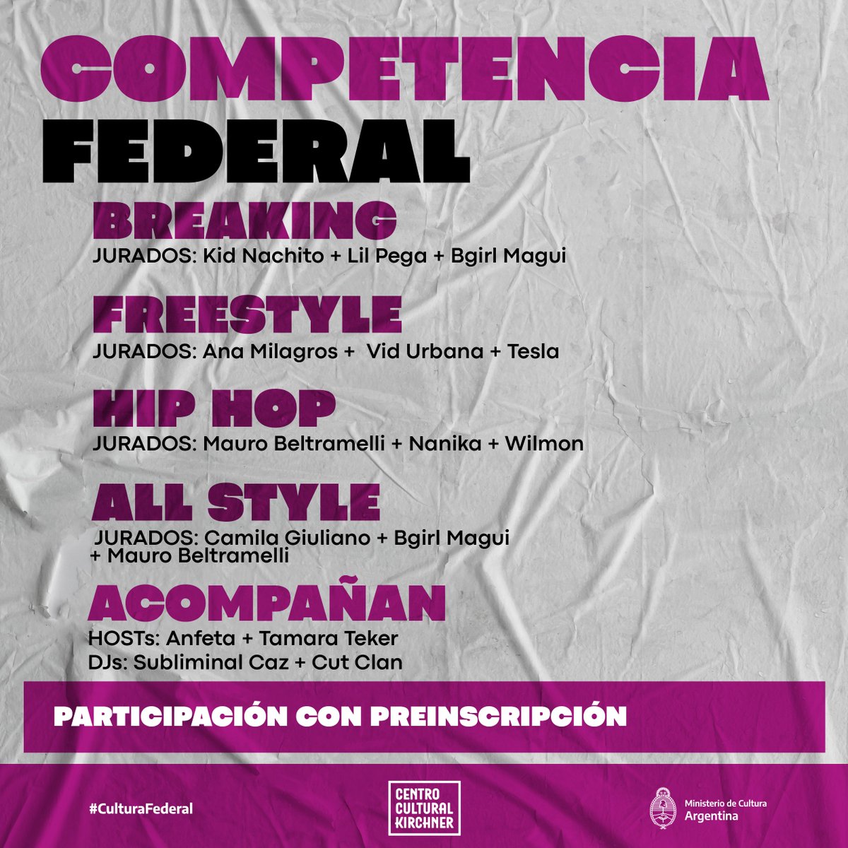 CulturaNacionAR's tweet photo. 😎 ¡#ElRitmoDeMiCalle llega a la Ciudad de Buenos Aires! 🎤

📆 El sábado 9 de septiembre en @elcckirchner

🔥 Participá de talleres, charlas, exhibiciones y competencias de #Freestyle, #Allstyle, #Breaking y #HipHop.

Inscribite de forma gratuita ➡️ https://t.co/XFhHe1VHPb https://t.co/Meu3lR5iJY