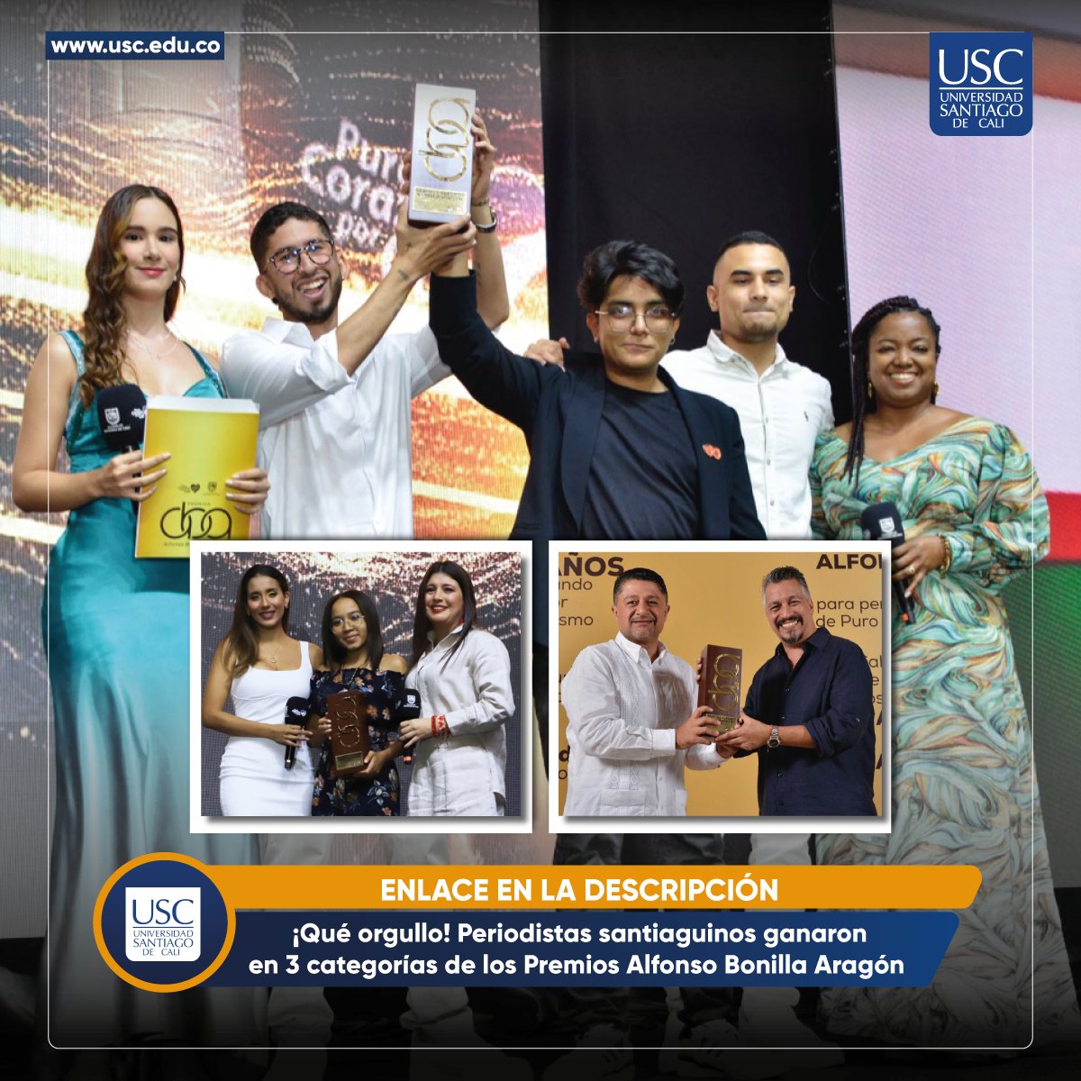 usantiagodecali's tweet photo. ¡Orgullo USC! 🏆 Nuestros periodistas arrasan con 3 premios Alfonso Bonilla Aragón 🌟 Reconocimiento merecido. ¡Enhorabuena! 👏

👉Lee la Noticia Completa: https://t.co/2tBp8JE5Xx 📰

 #PremiosABA #Periodismo #ÉxitoUSC #Ganadores #USC #OrgulloUSC #Cali #AlcaldiaCali #Santiaguinos https://t.co/DqQjNNNnHV