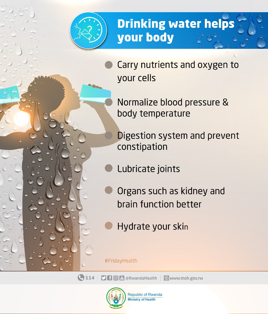 RwandaHealth's tweet photo. Drinking water is essential for health. The benefits of drinking water are numerous. Water is the healthiest choice to quench your thirst. It contains no calories and no sugars that can harm your body.
#FridayHealth💡 https://t.co/hK0r2tK2hs