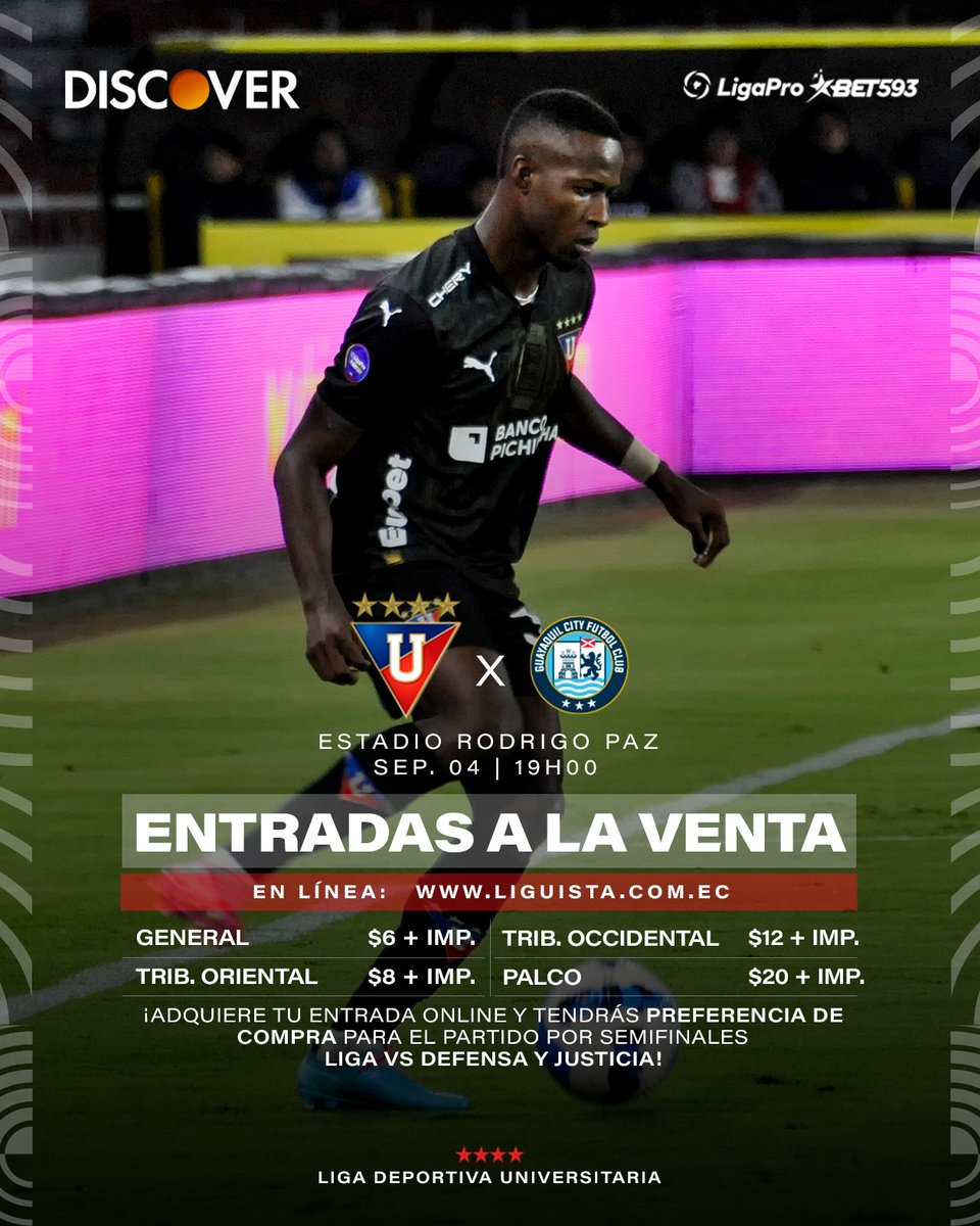 🚨 ¡#VentaDeEntradas habilitada!

🆚 #LIGAGyeCity

💡 ¡Los asistentes a este partido tendrán preferencia de compra para el partido por semifinales vs Defensa y Justicia!

🎟 liguista.com.ec