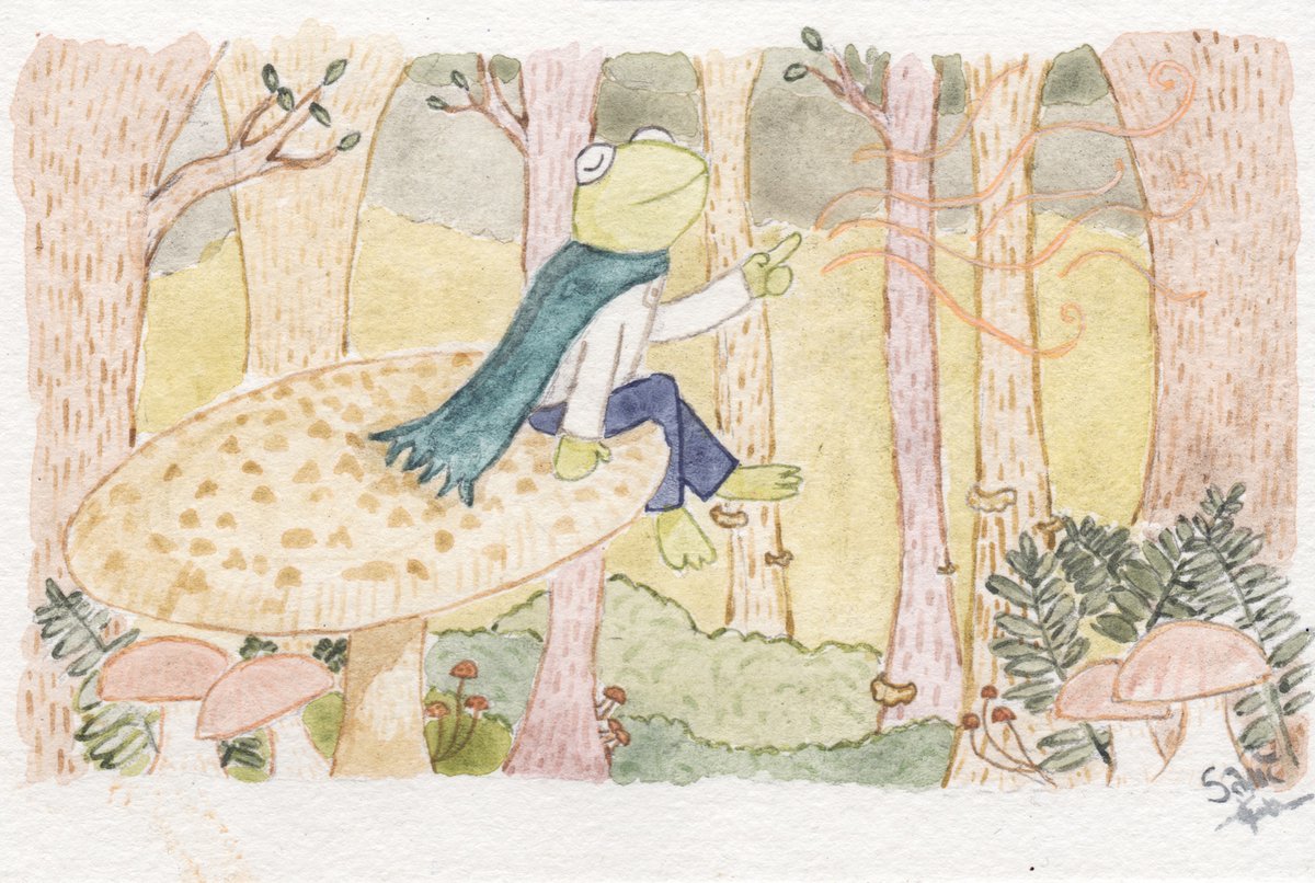 samikelsh's tweet image. at last, it’s halloween eve month! terry the forg mage loves nothing more than going on an inspiring walk in the enchanted forest, finding a comfy toadstool to sit on and practice his magic spells.

#frogcore #whimsicalart