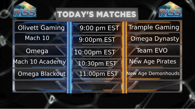 RLSS_RL's tweet photo. Tonight's matchups across RLSS - From Riptide to Tsunami come catch all the action! https://t.co/S2N1eRaxHM