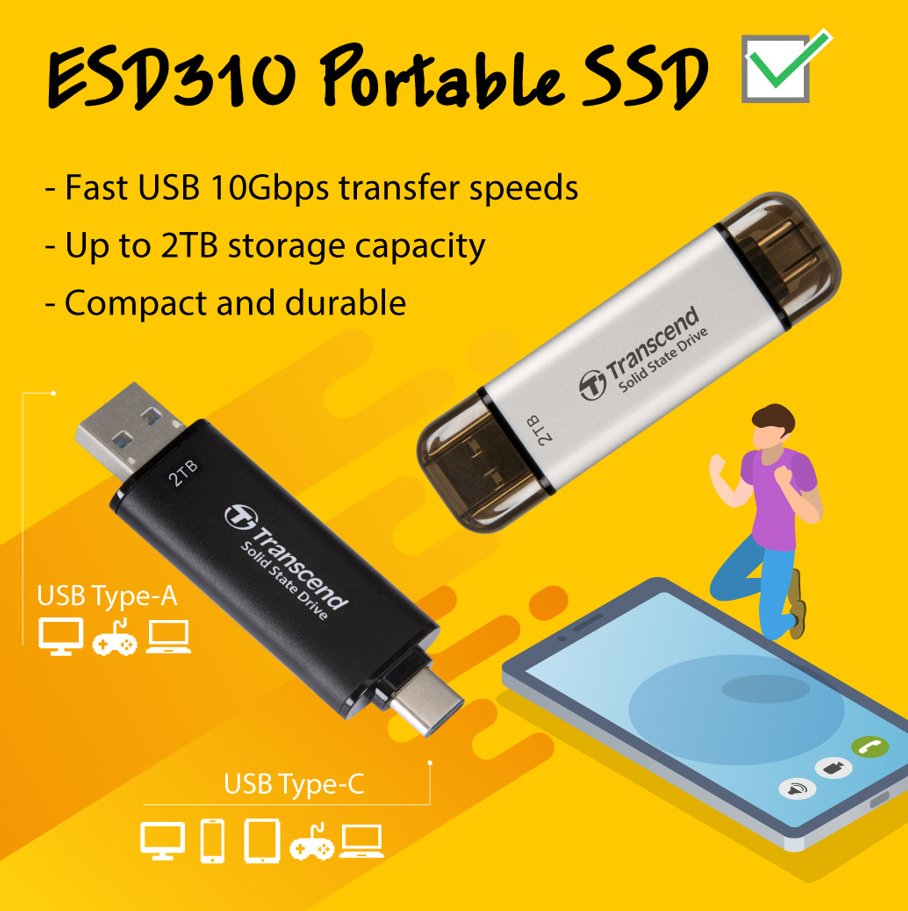 Transcend_USA's tweet photo. Its 2-in-1 design enables convenient file transfer and backup between USB Type-A computers and Type-C smartphones and tablets! Whether it is 4K video, music files, or high-resolution photos, you can take the ESD310 with you wherever you go and have everything in your pocket! https://t.co/eJHLX4V5bs